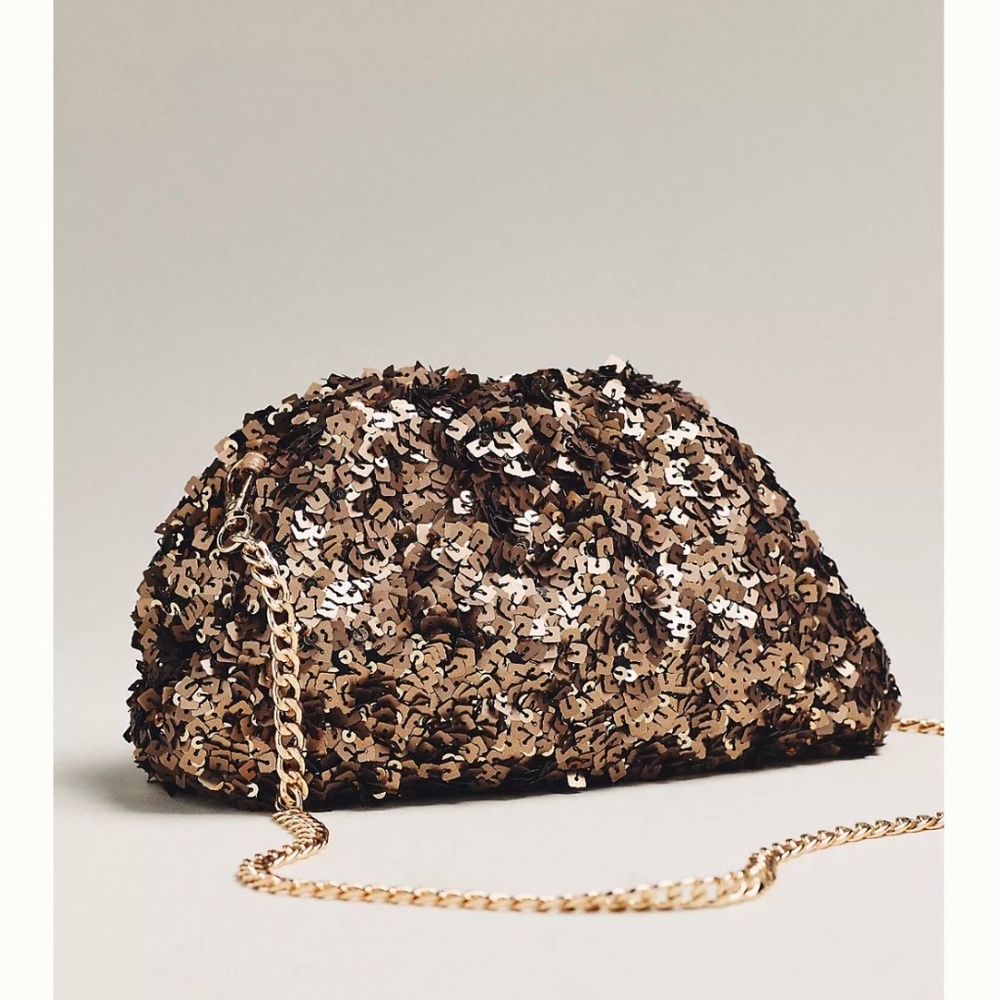 Anthropologie Maeve Sequined Clutch in Gold and Brown Tones